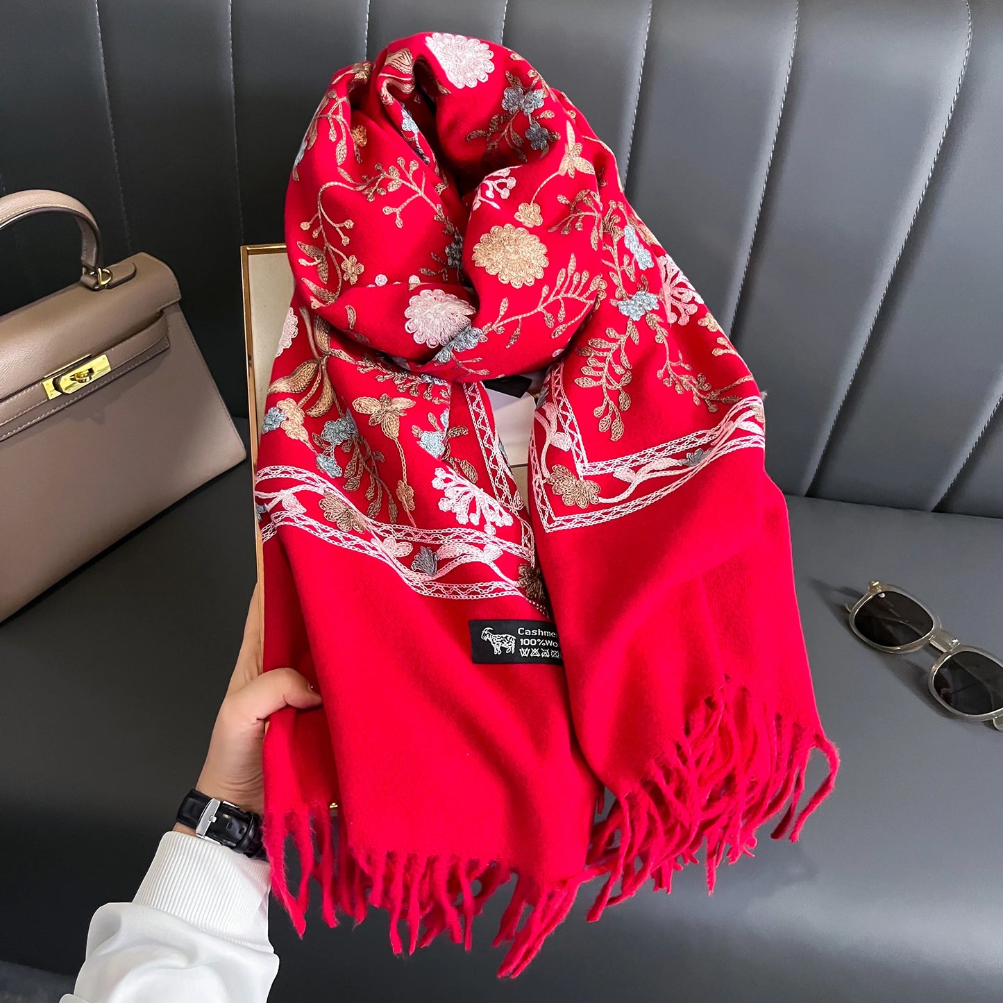 Women's Winter Warm Cashmere Scarf Embroidery Thick Shawl Wrap Blanket Accessory