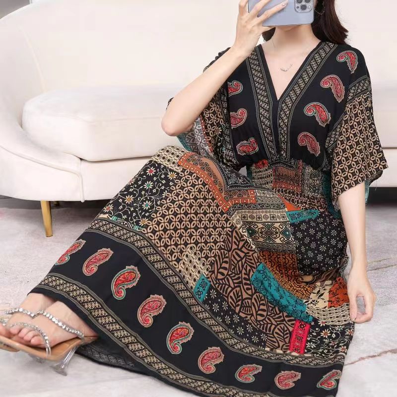 Casual Elegant V-neck Tunic Large Printed Dress Long Skirt