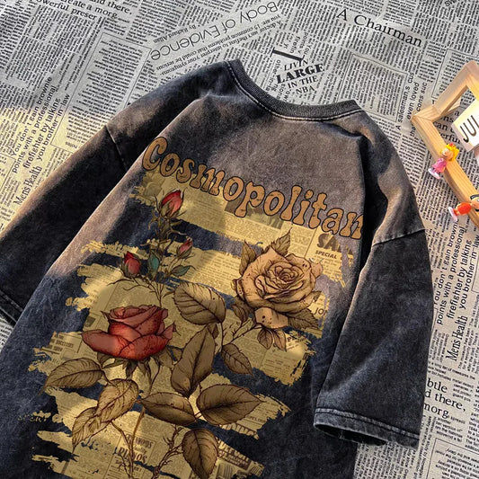 Vintage Washed Black Oversized Butterfly Letter Graphic Casual T-Shirt  Women