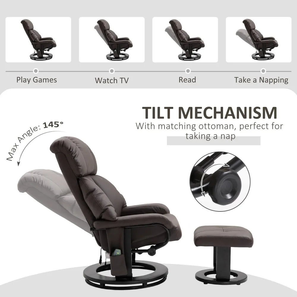 2024 New Massage Recliner Chair with Ottoman, 360° Swivel Recliner and Footstool, PU Leather with Side Pocket and Remote Control