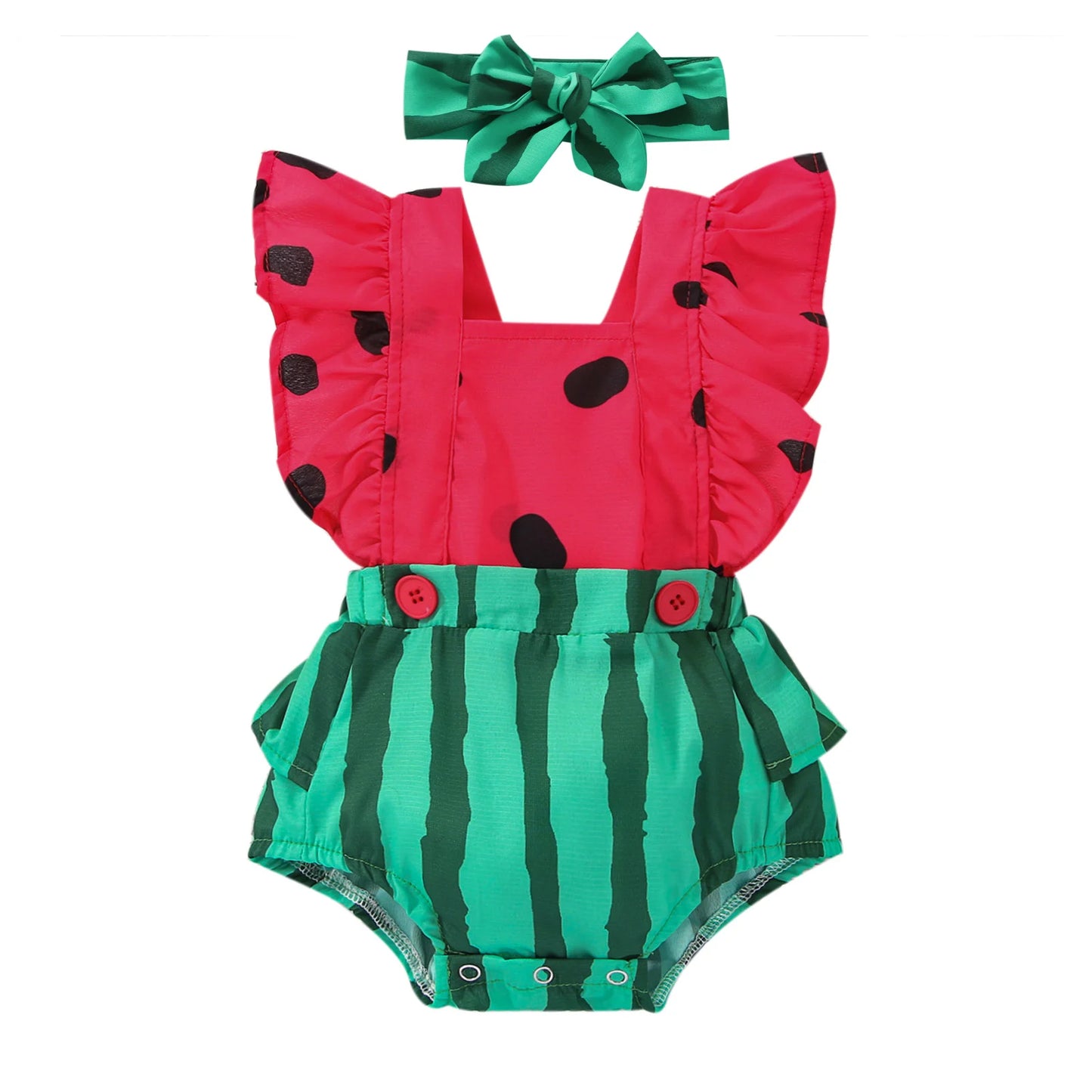 Citgeett Summer Infant Newborn Baby Girls Boys Bodysuit Outfits Watermelon Print Fly Sleeve Jumpsuit Headband Clothes