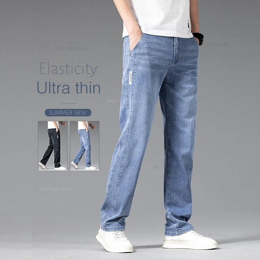 Summer Thin Jeans Men's Loose Straight Pants Fashion Elastic Waist Stretch Cotton Business Casual Denim Trousers Light Blue