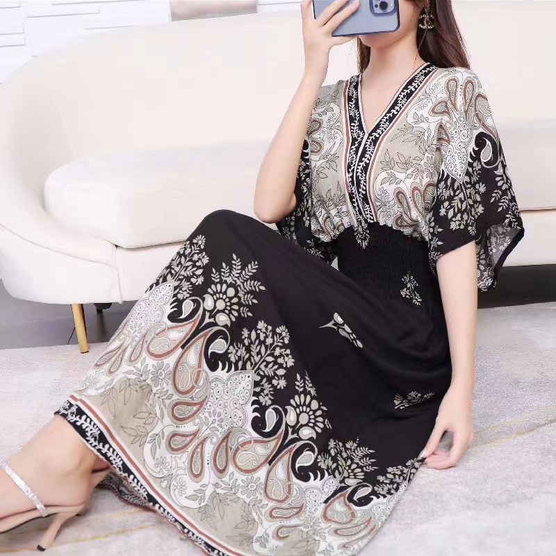 Casual Elegant V-neck Tunic Large Printed Dress Long Skirt