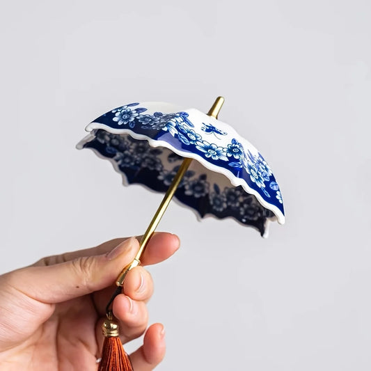 Ceramic Tea Strainer 1pc- Blue & White Umbrella Design with Tassel, Compact for Office/Home Decor, for Kung Fu Tea Sets