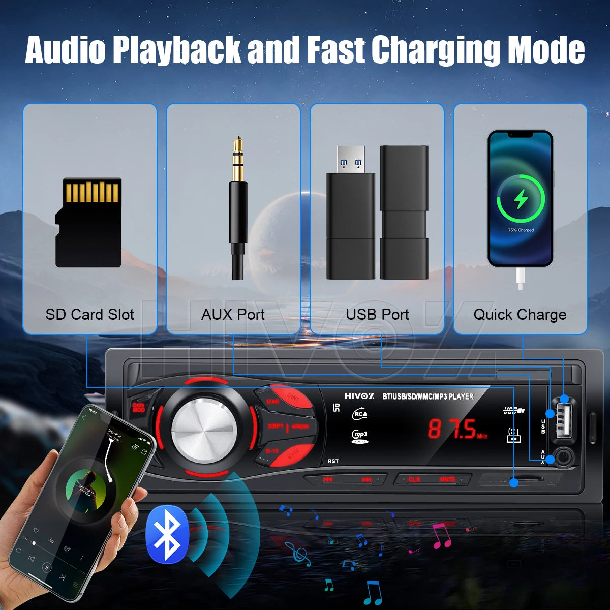 HIVOZ Car Radio Audio 1 Din Bluetooth Stereo Hands-Free Calling MP3 Player FM Receiver With AUX/USB/TF Card In Dash Kit