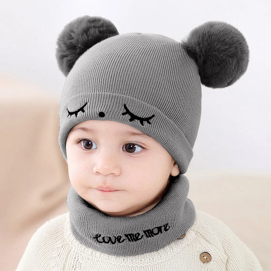 Autumn Winter Warm Baby Hat Scarf Set Solid Color Girl Boy Embroidery Infant Toddler Beanies For Kids