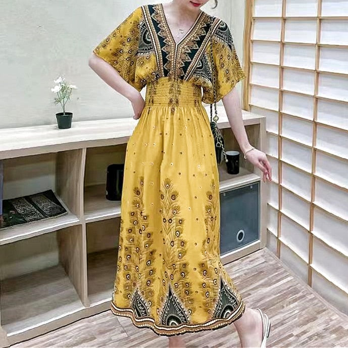 Casual Elegant V-neck Tunic Large Printed Dress Long Skirt