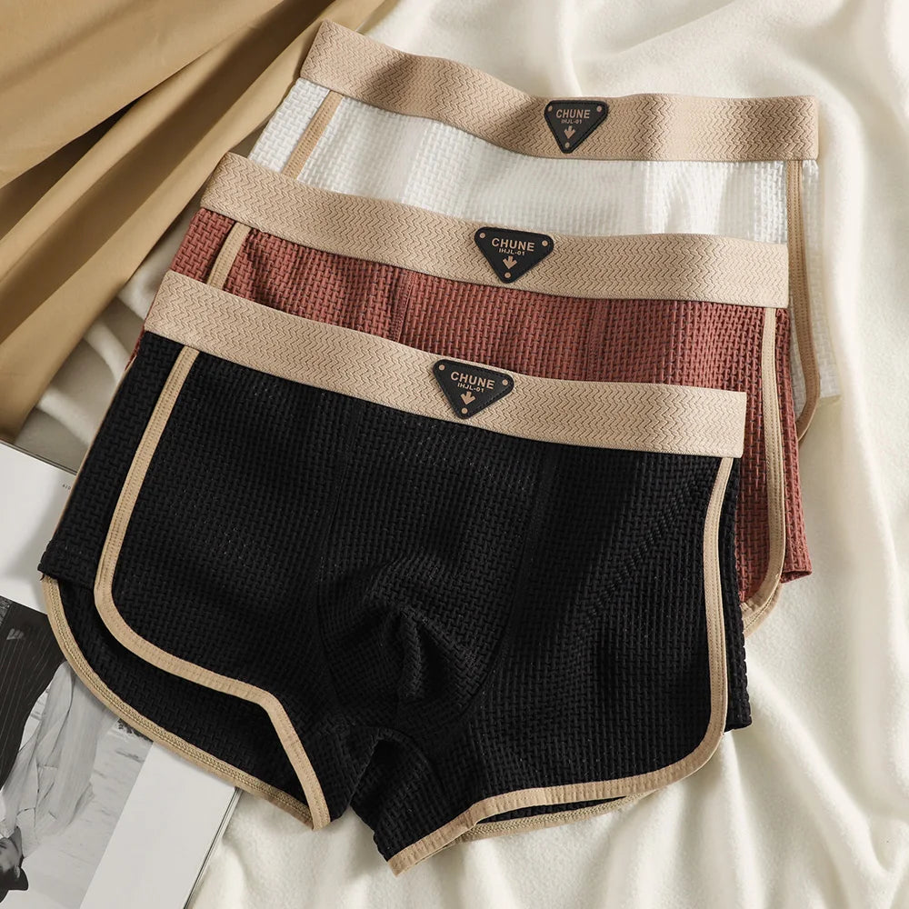 Fashion Ice Silk Knitted Plaid Boxers Breathable Comfort 3Pcs Pack Super Soft Men Panties