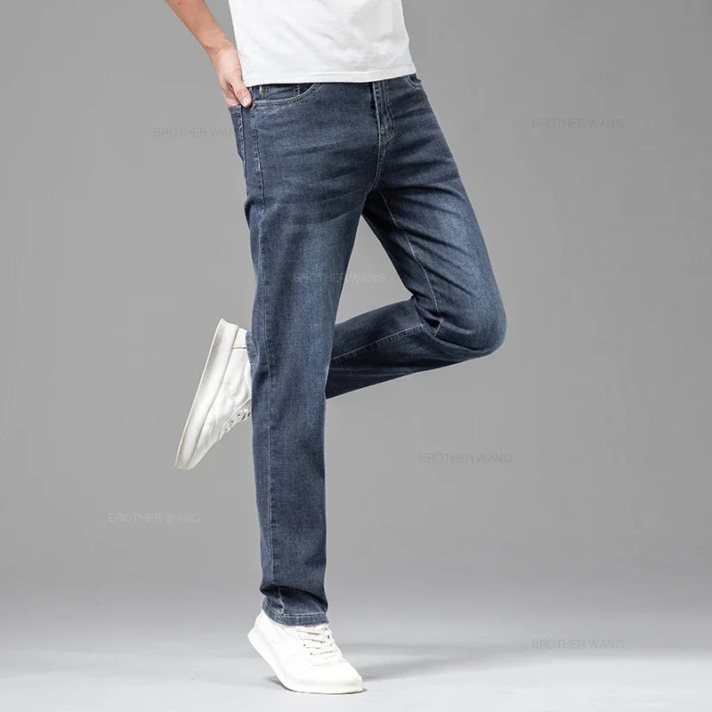 Summer Thin Elastic Cotton Men's Jeans Fashion Gray Comfortable Business Straight Casual Pants