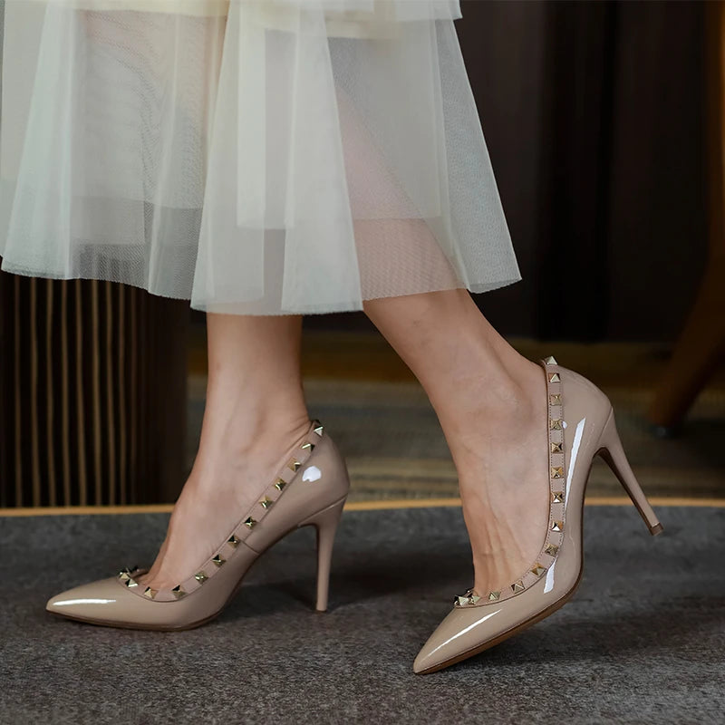 Women's Fashion Pointed High Heels Leather Sandals Elegant Slip-On T-Strap Pumps