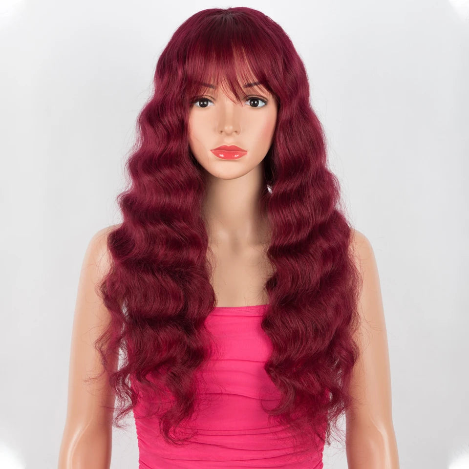 Lekker Burg Red Long Deep Wavy 100% Human Hair Wigs With Bangs For Women Brazilian Body Wave Wigs