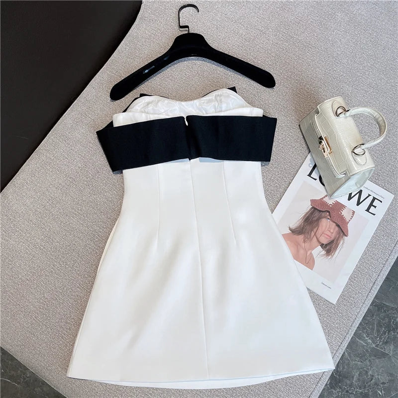 PREPOMP Summer Sleeveless Black Bow Strapless High Waist White Slim Short Dress Women