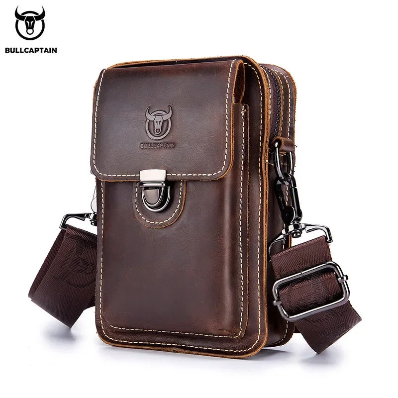 BULLCAPTAIN Men's Crazy Horse Leather Waist Pack Casual Small Chest Shoulder Belt Bag Phone Pouch Genuine Cowhide YB075