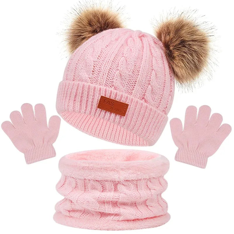 Baby Winter Hat Scarf Gloves Set Knitted Fur Ball Kids Beanie for Girls Boys Infant Bonnet Hat