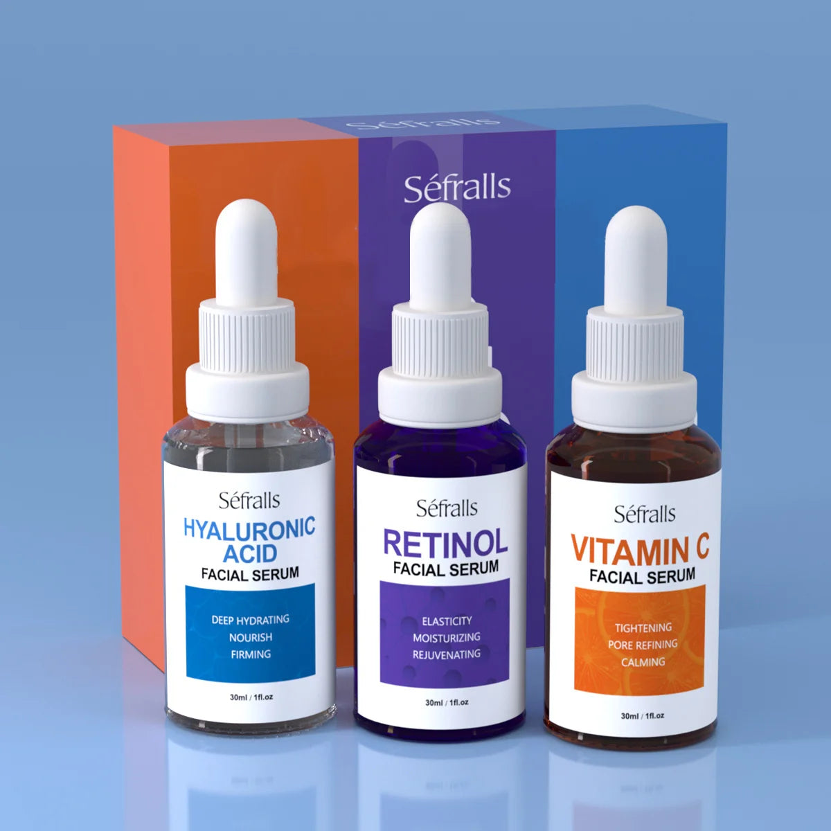 Séfralls Hyaluronic Acid VC Essence Set 30ml X 3pcs Vitamin-C & a Serums for Firming Moisturizing Whitening Anti-Aging Women's Face Serum