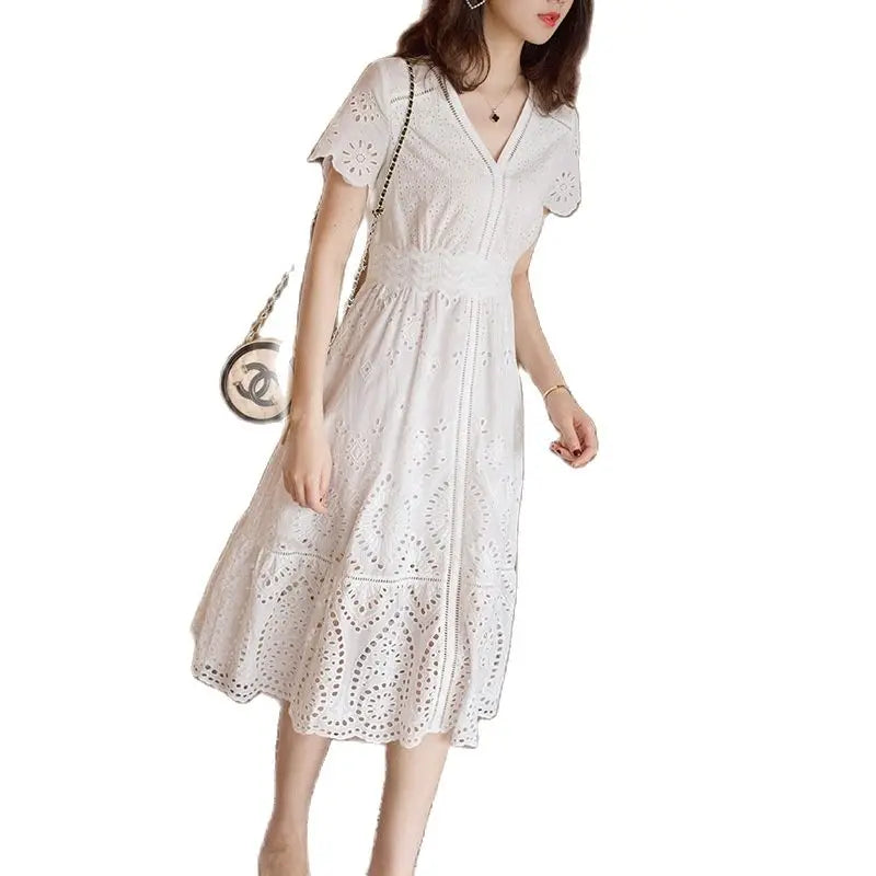 spring high-end French niche temperament ladies V-neck short-sleeved dress