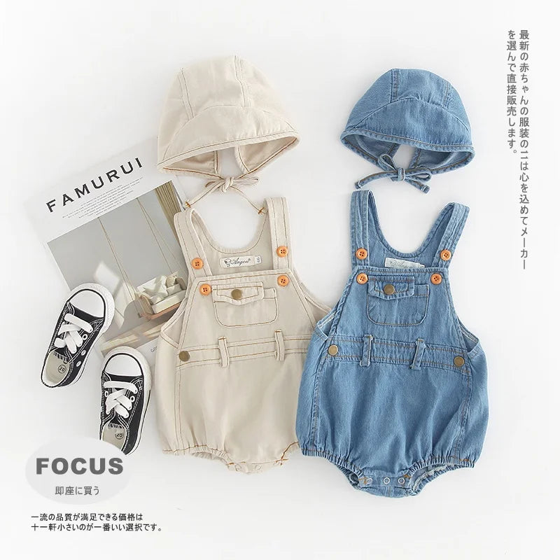 Baby Clothes Denim Sling Romper Infant Newborn One-piece 0-3 Years Old Complimentary Hat