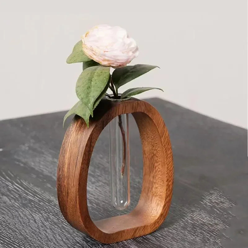 Walnut solid wood flower decoration glass plant flower stand mini water-cultured vase