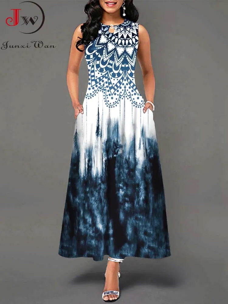 Summer Boho Long Dresses Women Elegant Sleeveless Casual Floral Print Beach Party Maxi Dress