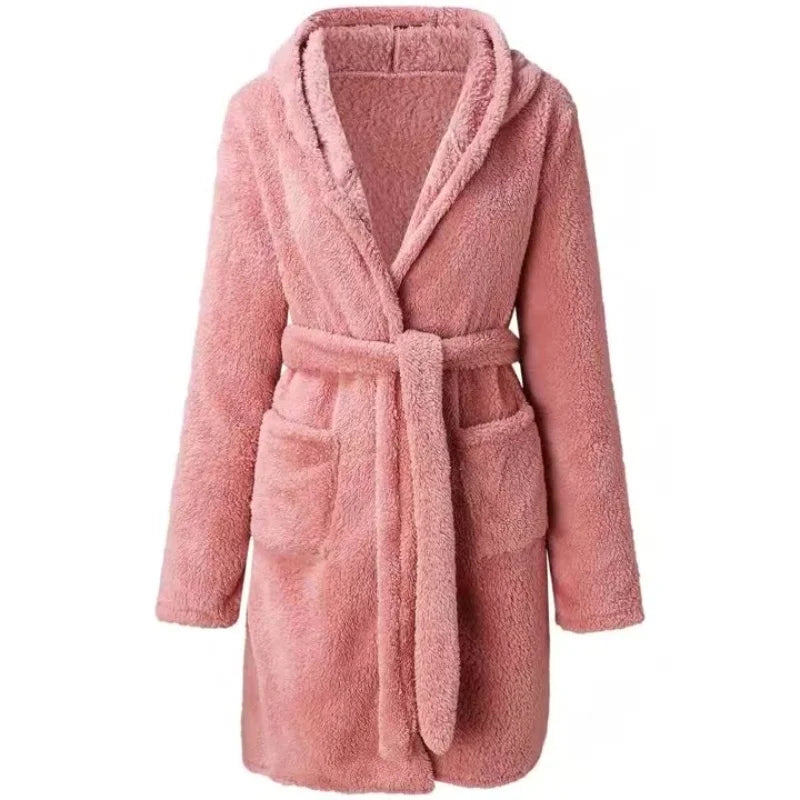 Women Sleeping Robe Pure Color Thickened Winter Home Bathrobe Ladies Casual Hooded with Pockets Warm Simple Padded Pajamas