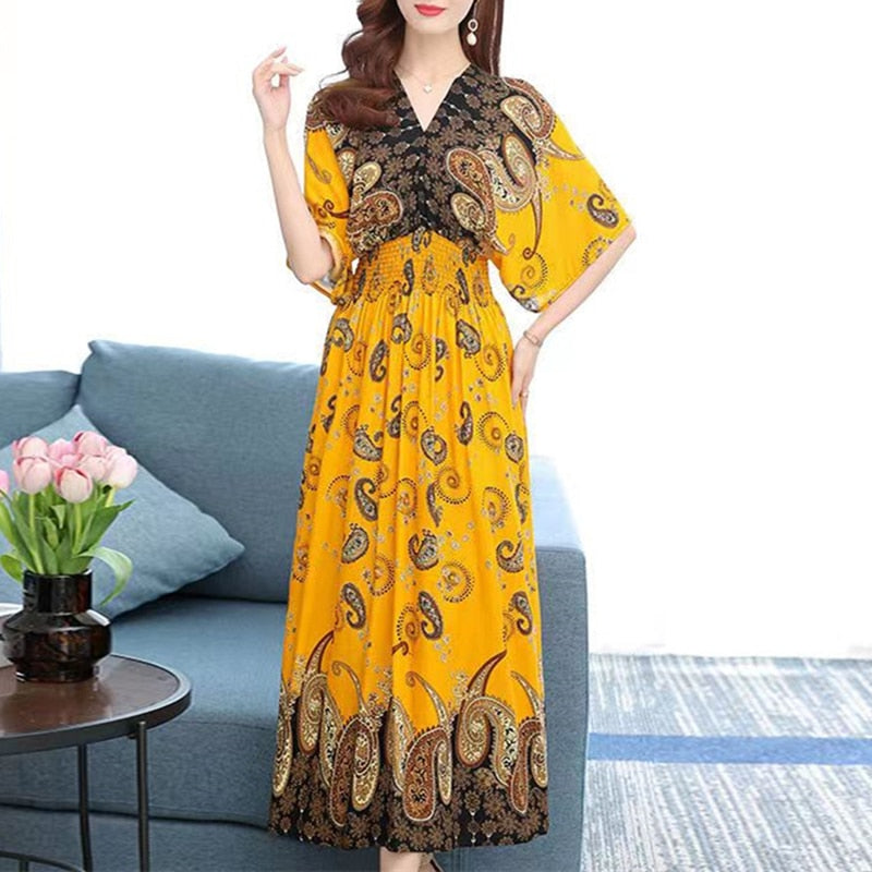 Casual Elegant V-neck Tunic Large Printed Dress Long Skirt