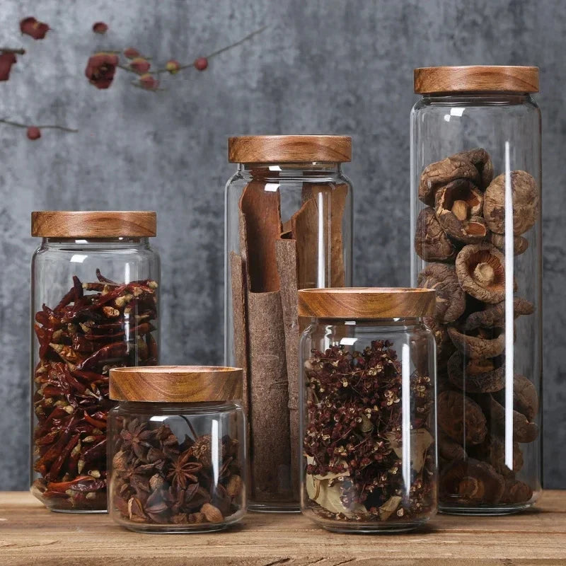 1pcs Wood Lid Orgnizer Glass Airtight Canister Jar Sealed Food Container Ginger Cereal Dispenser Set Kitchen Storage Bottles