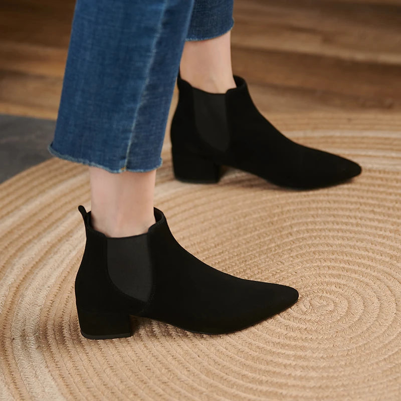 Winter Women's Mid-Calf Boots with Thick Heel Fashionable Elegant Nude Booties