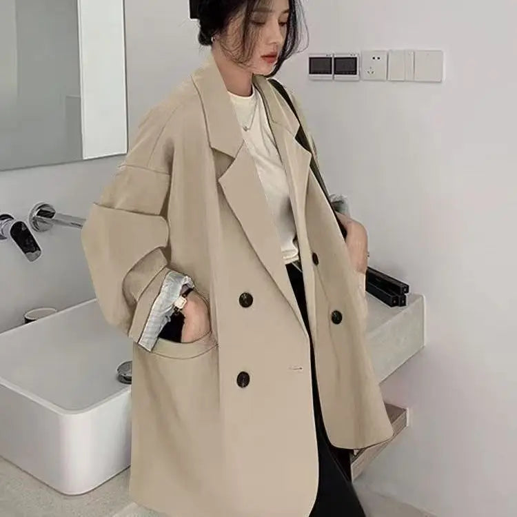 Oversize Double-breasted Tweed Blazer for Women Long Sleeve Black Loose Casual Jacket Korean Chic Streetwear for Spring Autumn