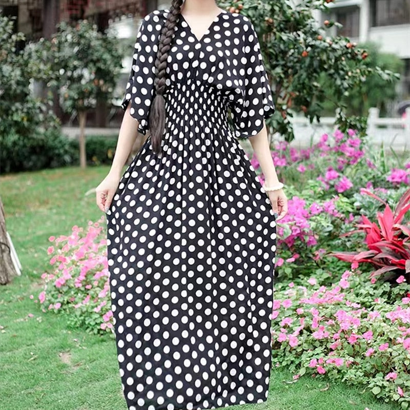 Casual Elegant V-neck Tunic Large Printed Dress Long Skirt