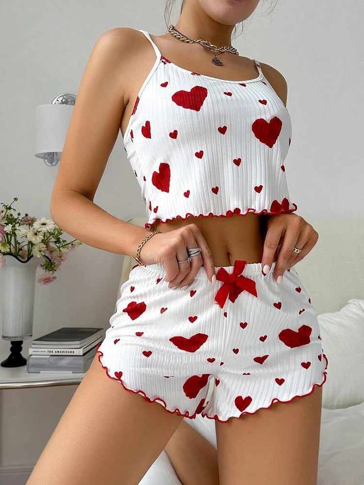 New Summer Women Pijama Heart Print Camisole With Shorts Casual Lovely Nightie Homewear Sleepwear Comfotable Stripe Pajamas Set