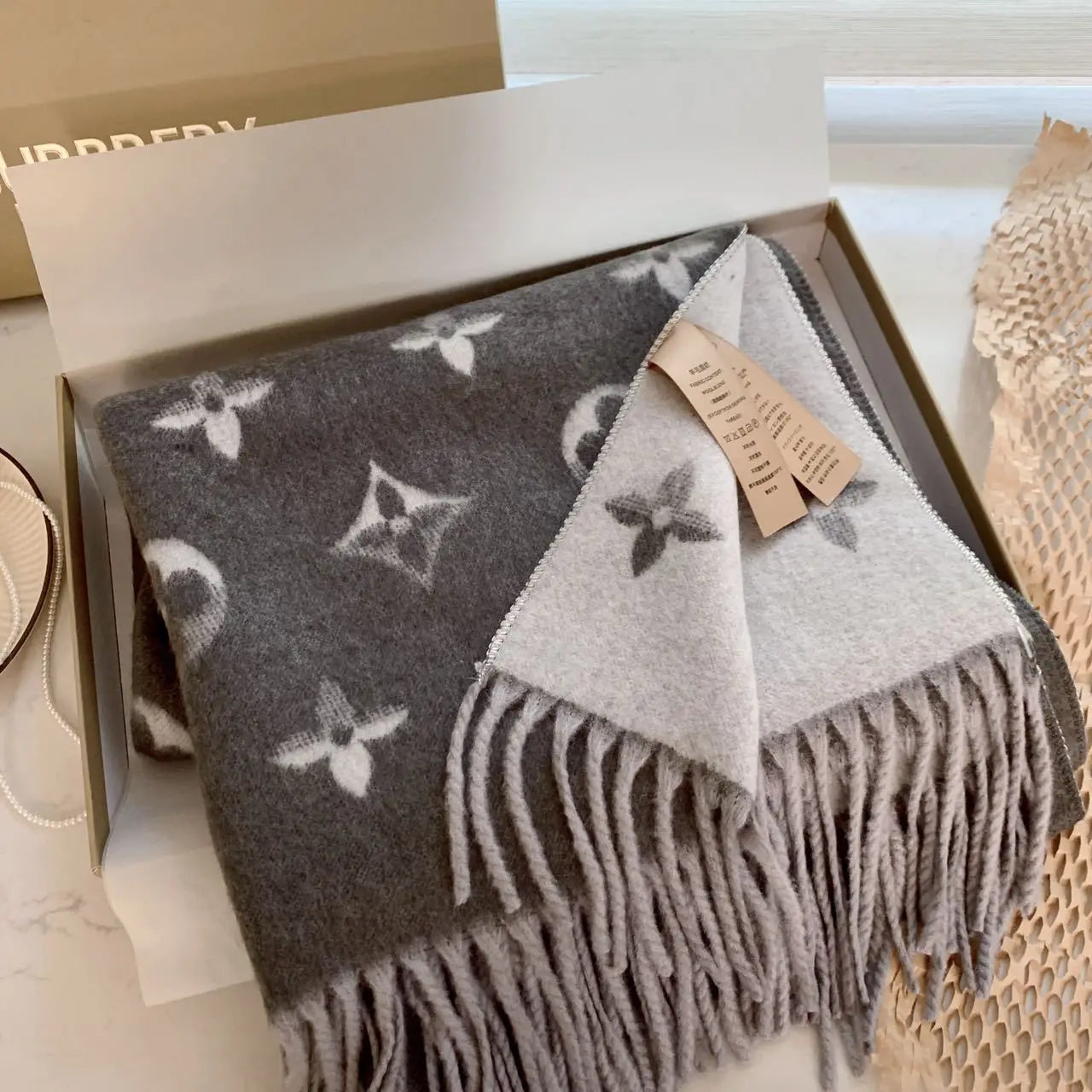 Women's Double Sided Silk Scarf Winter Warm Neck Wrap Imitation Wool Floral Design