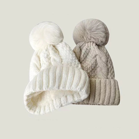 New Winter Twist Knitting Hat For Women Fur Pompom Beanie Solid Color Ladies Warm Ski Snow Skullies Beanies