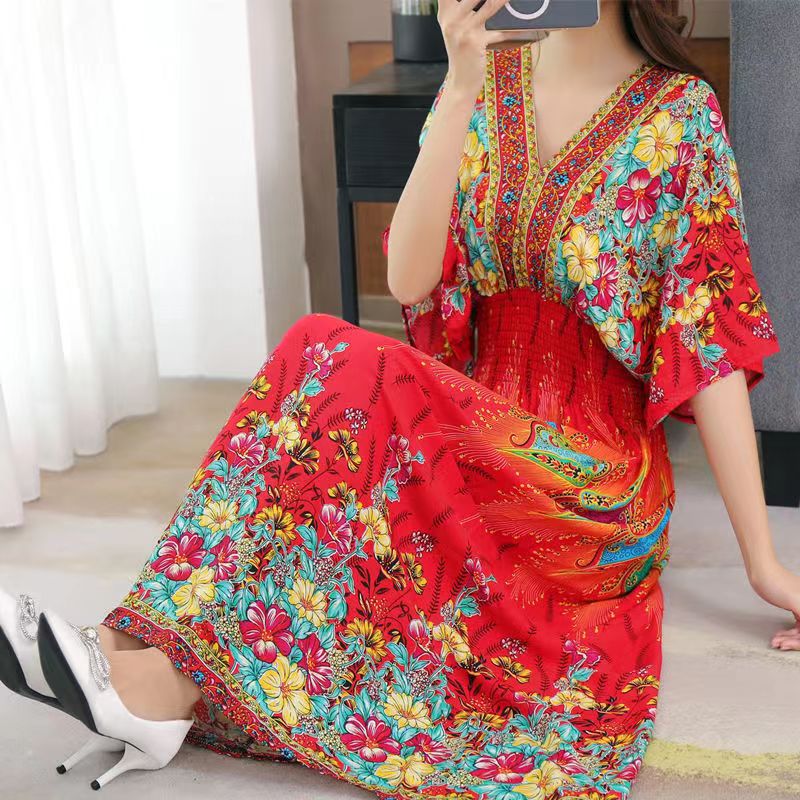 Casual Elegant V-neck Tunic Large Printed Dress Long Skirt