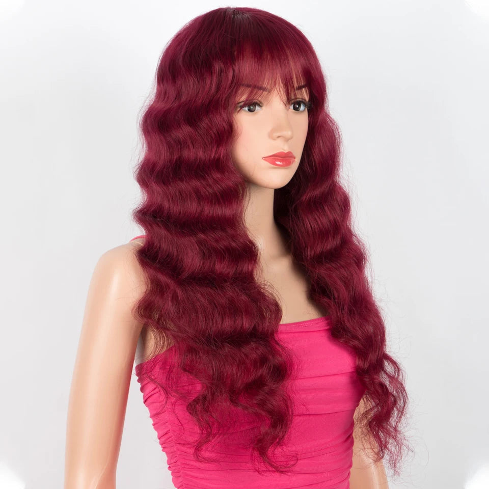 Lekker Burg Red Long Deep Wavy 100% Human Hair Wigs With Bangs For Women Brazilian Body Wave Wigs
