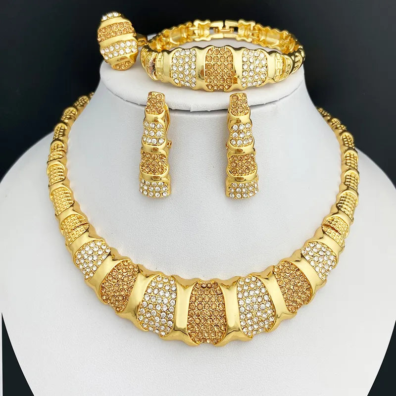 Gold Color Jewelry Sets Luxury 18K Gold Plated Women Necklaces Earrings Ring Bracelet  Accessories