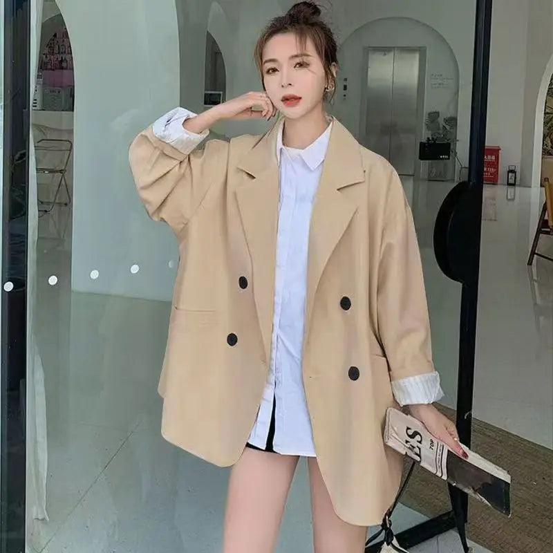 Oversize Double-breasted Tweed Blazer for Women Long Sleeve Black Loose Casual Jacket Korean Chic Streetwear for Spring Autumn