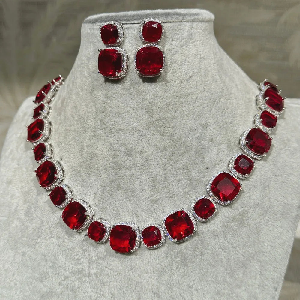 Stonefans Red Square Crystal Necklace Earrings Set Party Free Shipping 2024 Trend Large Bridal Jewelry Set for Women Decoration