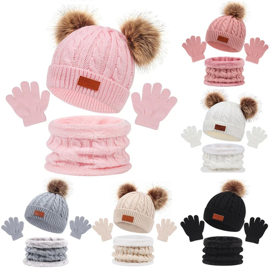 Baby Winter Hat Scarf Gloves Set Knitted Fur Ball Kids Beanie for Girls Boys Infant Bonnet Hat