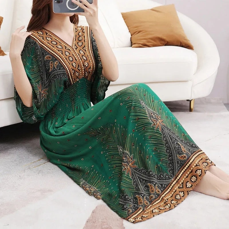 Casual Elegant V-neck Tunic Large Printed Dress Long Skirt