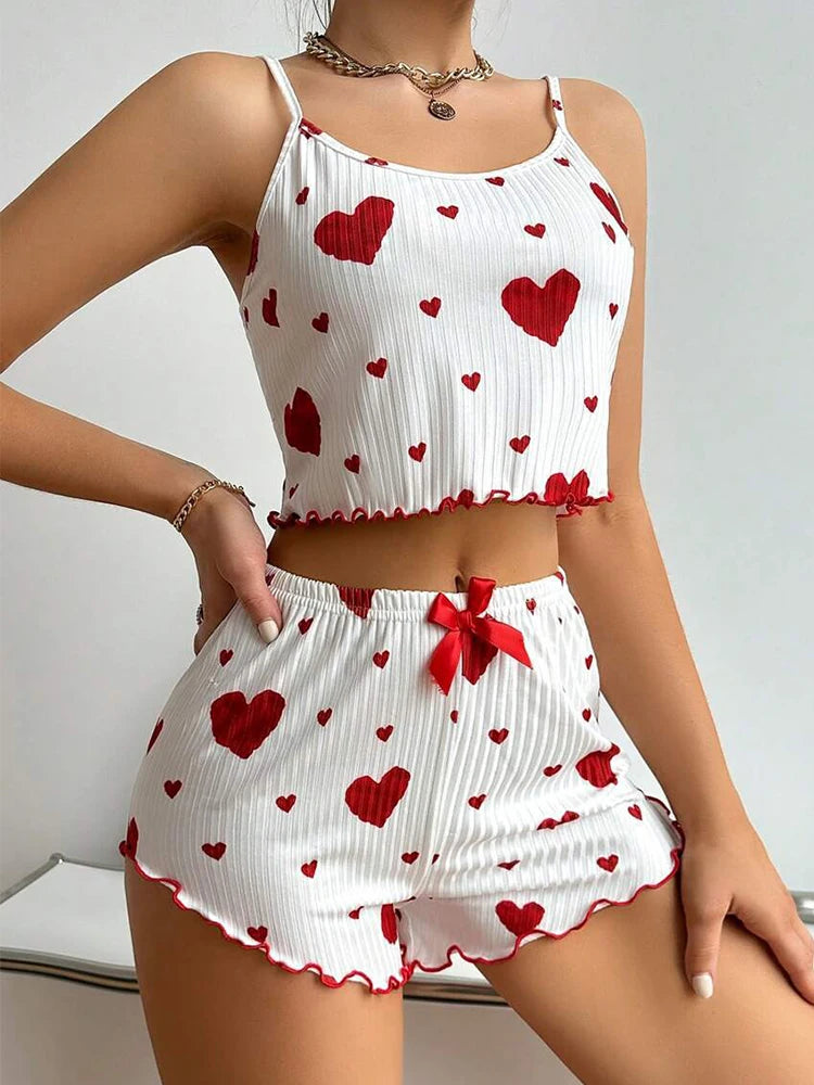 New Summer Women Pijama Heart Print Camisole With Shorts Casual Lovely Nightie Homewear Sleepwear Comfotable Stripe Pajamas Set