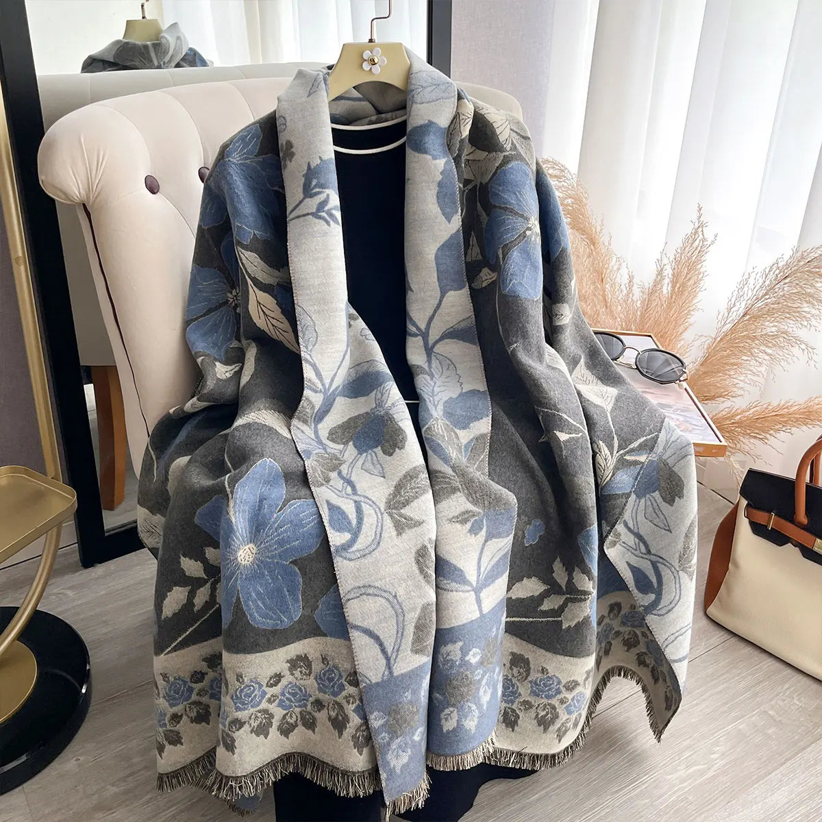 Women's Two-Sided Print Scarf Imitation Cashmere Soft Warm Pashmina Shawl Winter Coldproof Windproof Blanket Scarf for Outdoor Fashion