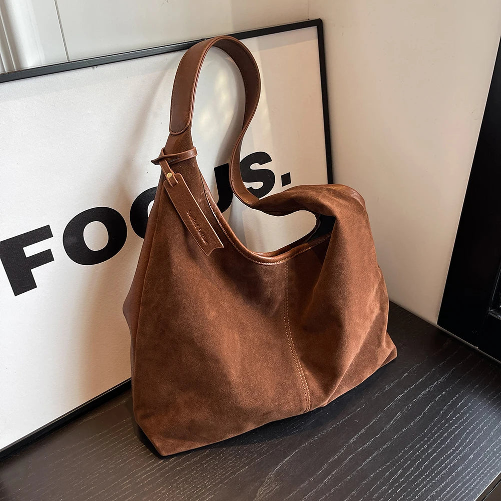 Retro Suede Large Capacity Bucket Bag Women's Casual Commuter Tote Shoulder Bag Magnetic Closure Zipper PU Leather Handbag
