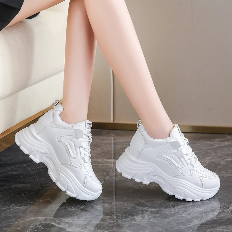 White Platform Women's Sneakers Autumn Lace-Up Thick Bottom Sports Breathable Walking Shoes