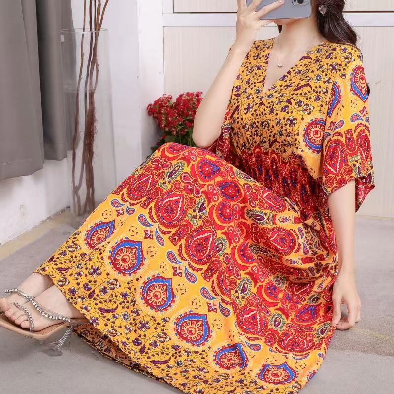 Casual Elegant V-neck Tunic Large Printed Dress Long Skirt