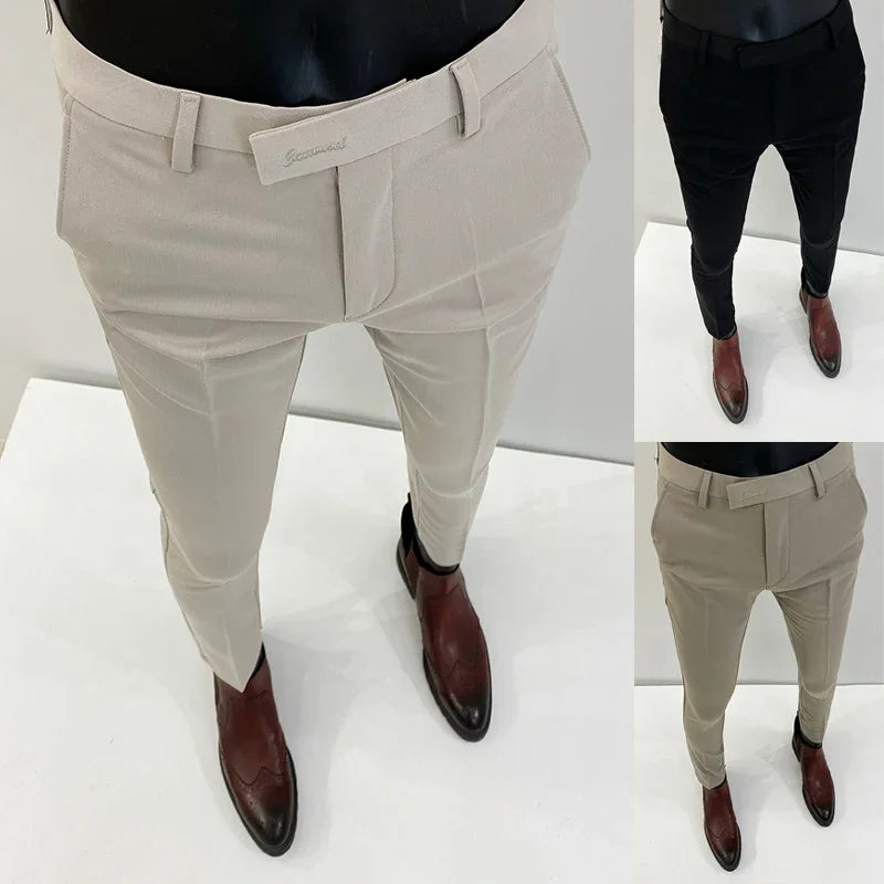 Men Suit Pants Formal Trousers Stretch Slim Solid Color Full Length Pants Men Clothing