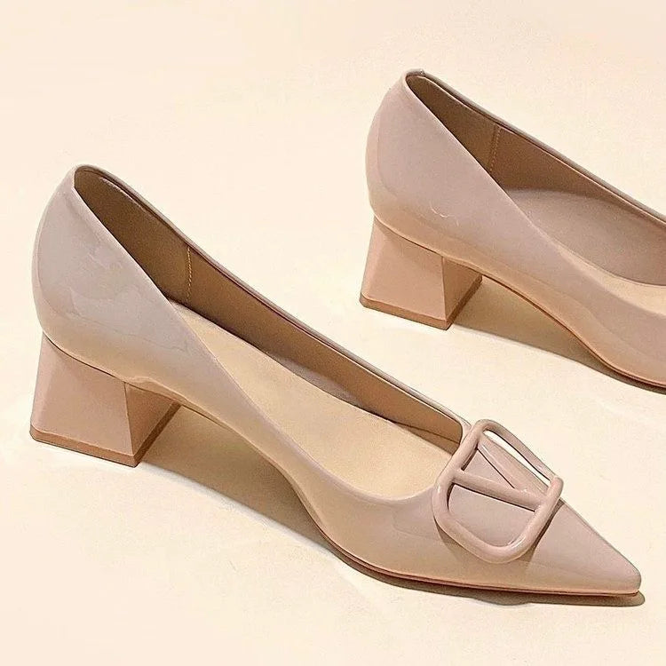 Elegant Women High Heels Pointed Toe Unique Design Med Heel Square Casual Pump Shoe