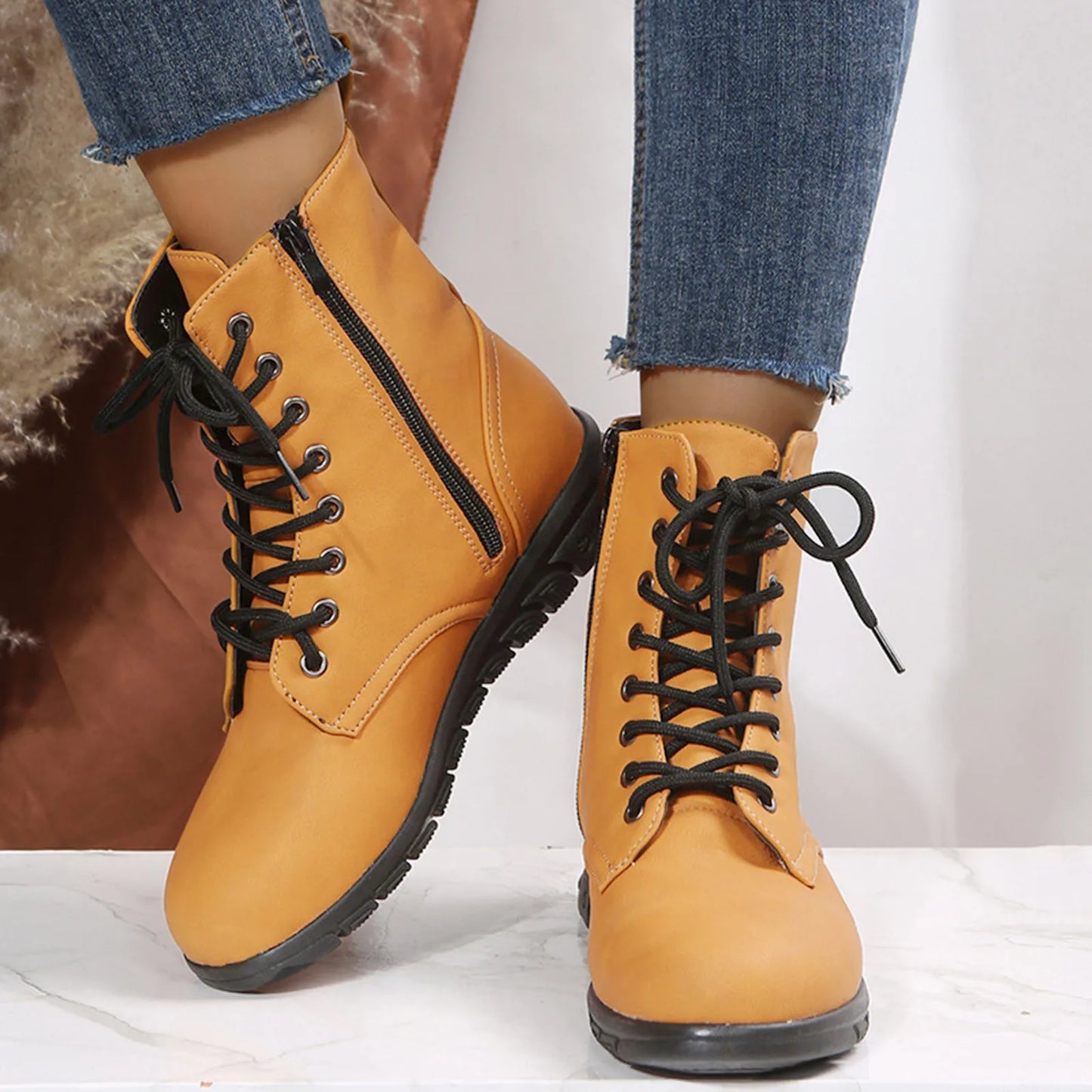 Elegant Boots & Ankle Boots For Women Autumn And Winter Lace Up Flat Bottom Woman Winter Booties