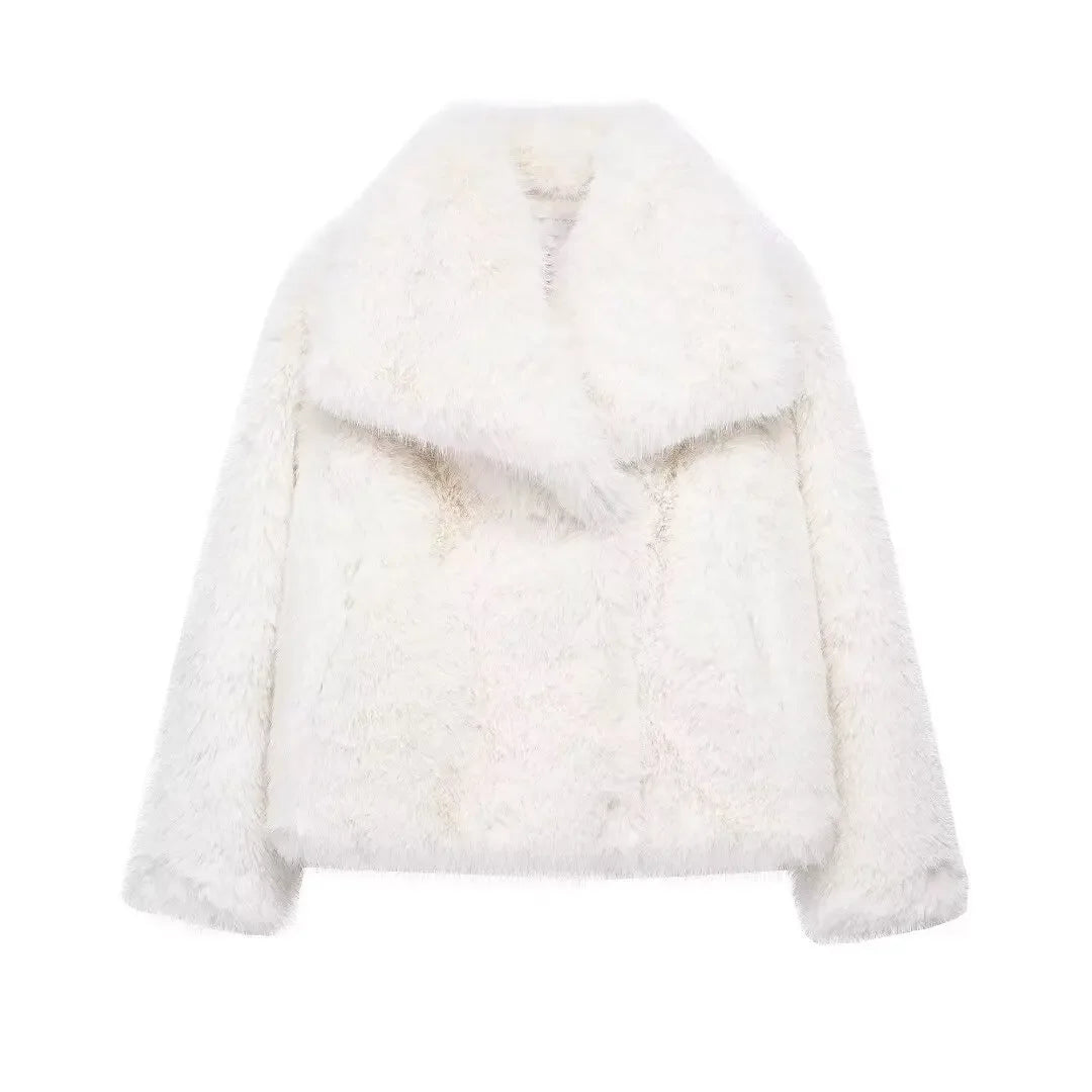 Women's Faux Fur Coat Autumn Winter Plush Fluffy Jacket Casual Turn-Down Collar Covered Button Closure Wool Blends Outerwear