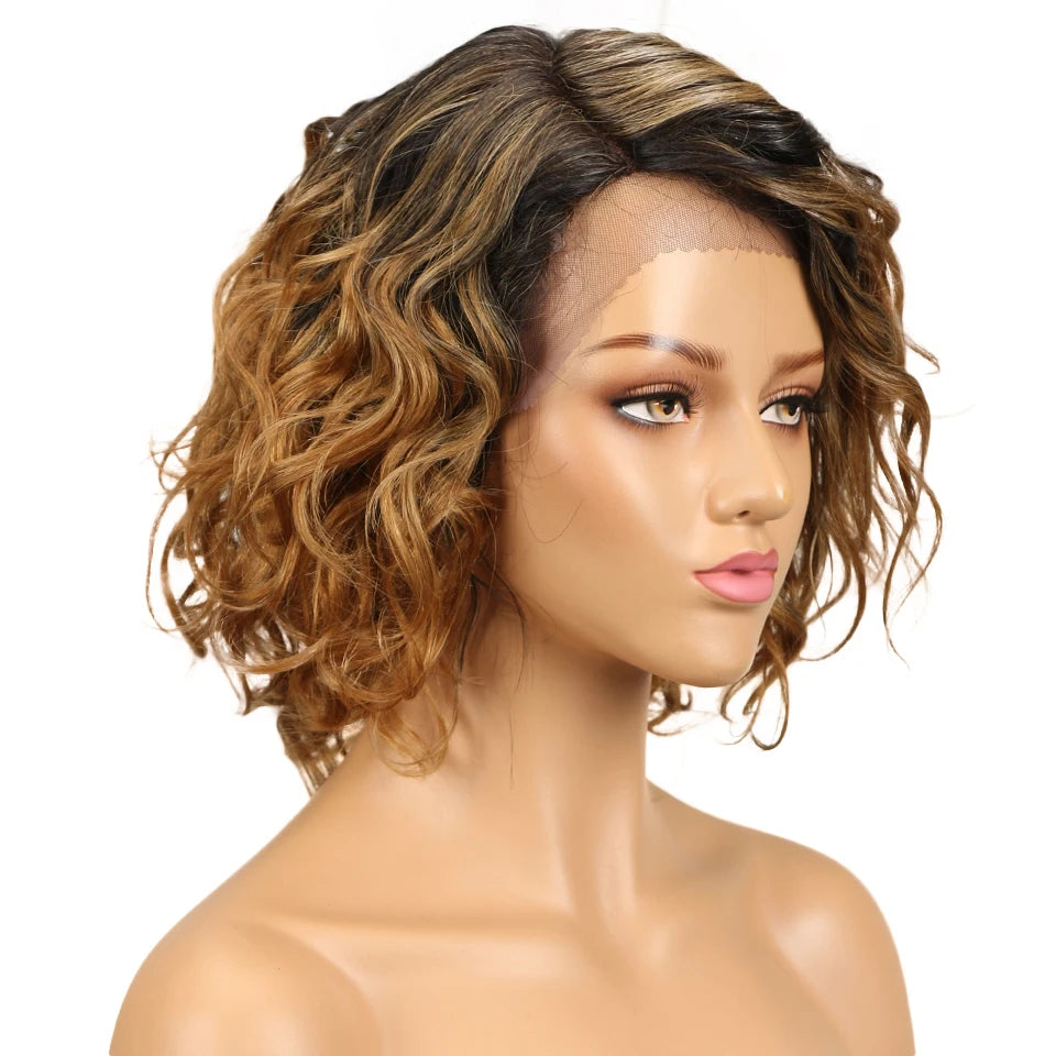 Lekker Short Wavy Bob Human Hair Lace Wig For Women Brazilian Glueless Ombre Curly Ready Wear Wigs