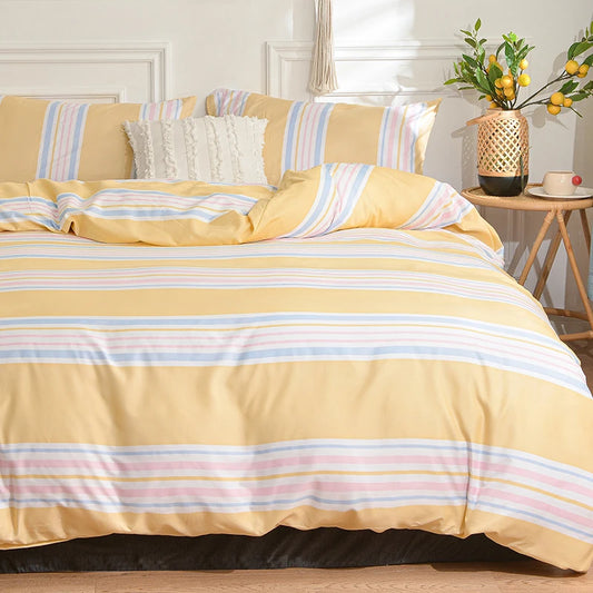 Queen Quilt Cover Sets Yellow Striped Duvet Cover with Pillowcase